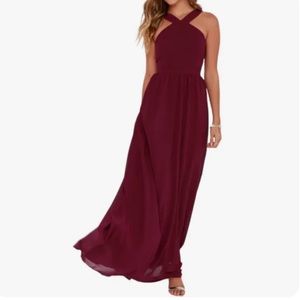 Lulu's Deep Burgundy Cross-Neck Maxi Dress